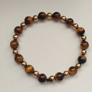 Womens Tigers Eye Beaded Stretch Bracelet Gold Tone Accents Brown Natural Stone